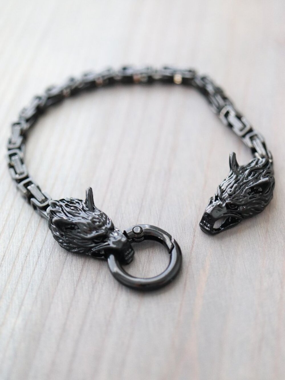 Wolf Double Head Viking Style Byzantine Chain Bracelet Black Stainless Steel